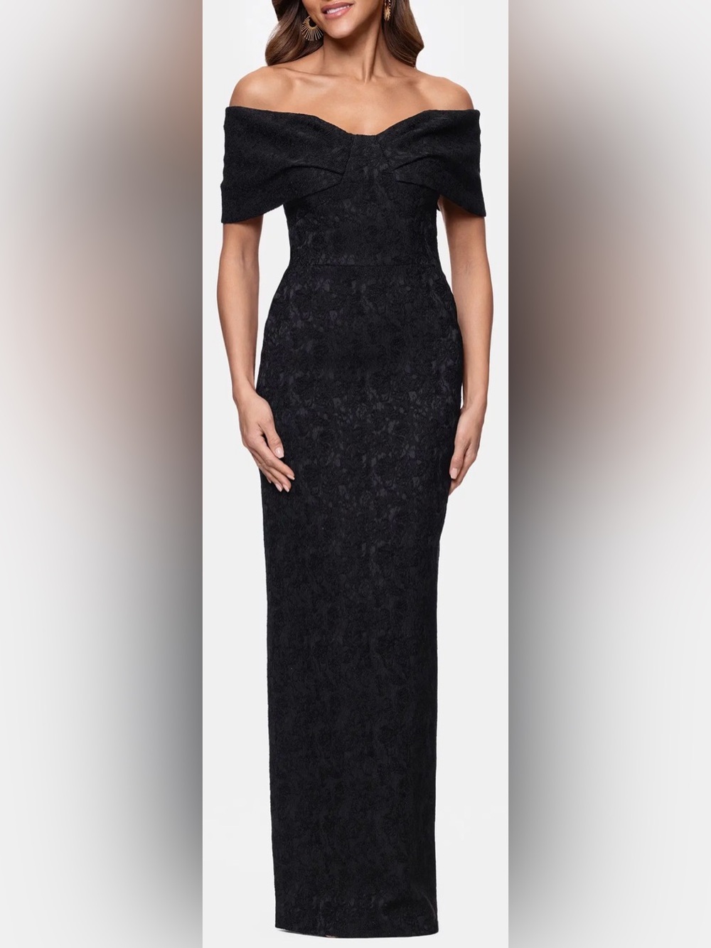 NEW Betsy & Adam Floral Jacquard Off-the-Shoulder Sheath black Gown sz 12